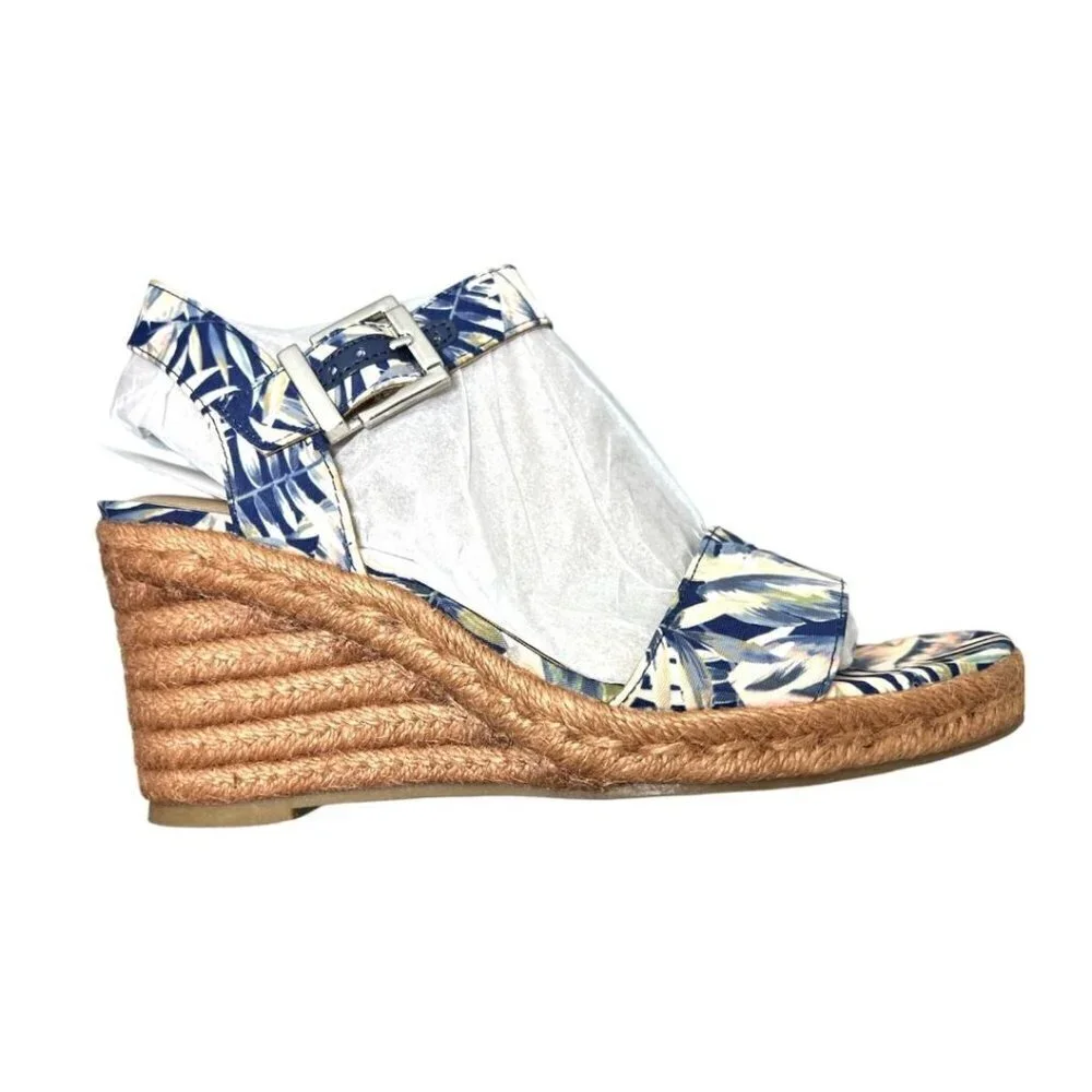 Lifestride Womens Blue Tan Floral Open Toe Ankle Strap Wedge Sandals Sz 8.5 New